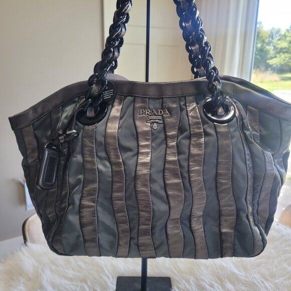 Prada Shoulder Tote Bag Leather Fabric Brown Gray - Picture 1 of 16